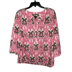 Talbots 100% Cotton Ikat Popover 3/4 Sleeve Lightweight Blouse Size Large Petite